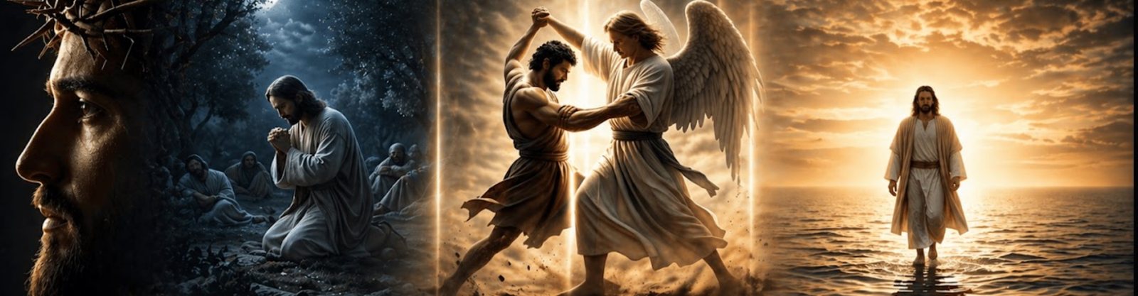 Three scenes: Christ crowned with thorns beside Jesus praying in moonlit Gethsemane; Jacob wrestling the angel in golden light; Jesus walking on the water at sunset